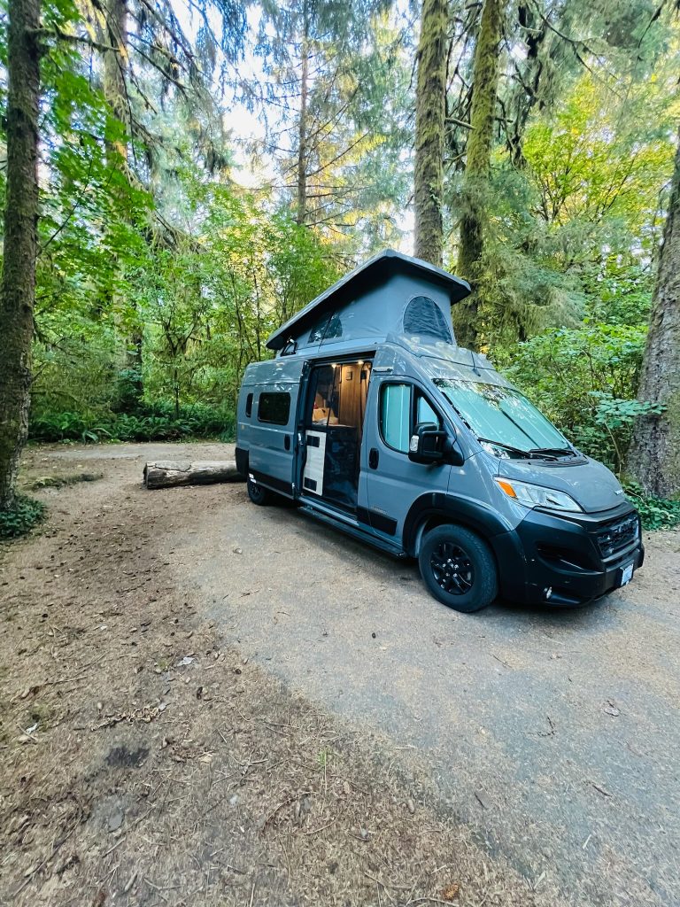 Best camping in Redwood National Park: Camper van in Prairie Creek Campground