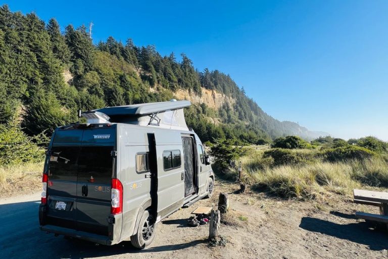 Camper van on Gold Bluffs Beach Campground