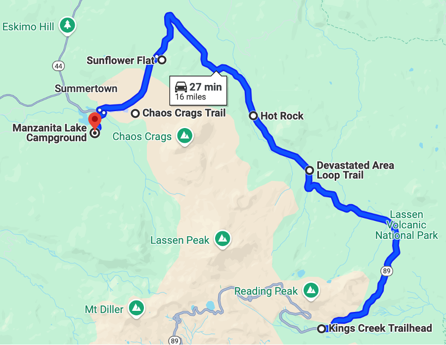 Map of second portion of the scenic highway in Lassen Volcanic
