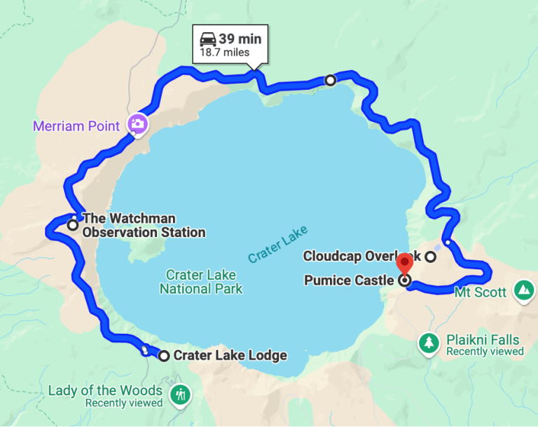 Map of Rim Drive at Crater Lake